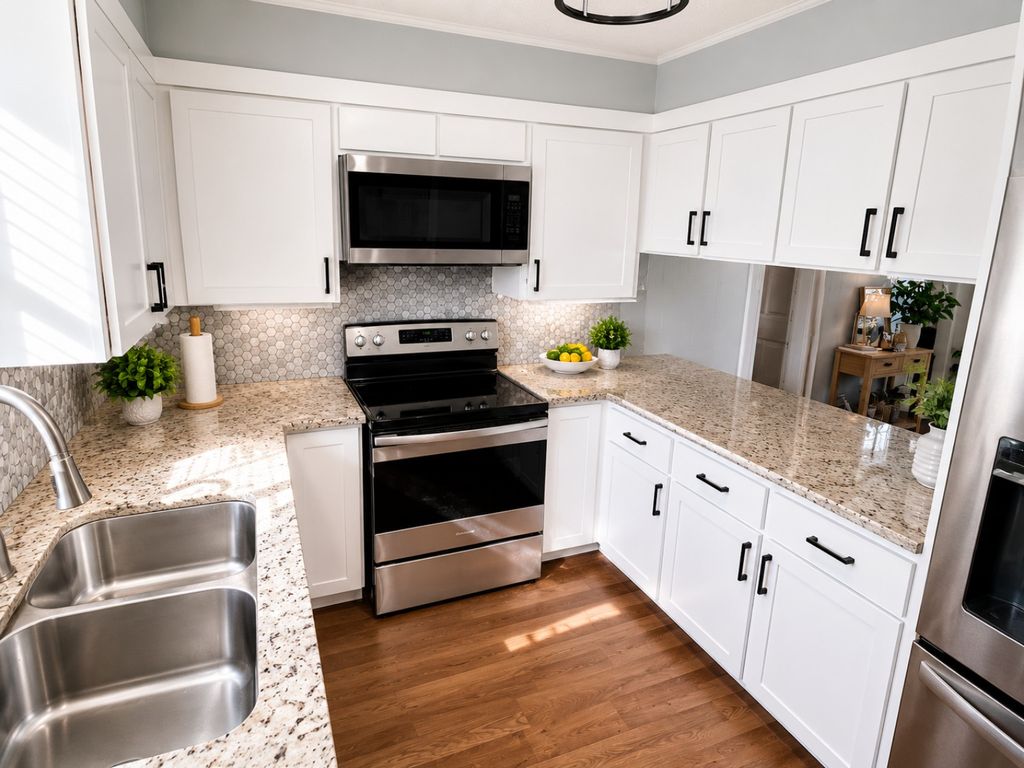 Bright white Shaker cabinet refacing project with black hardware